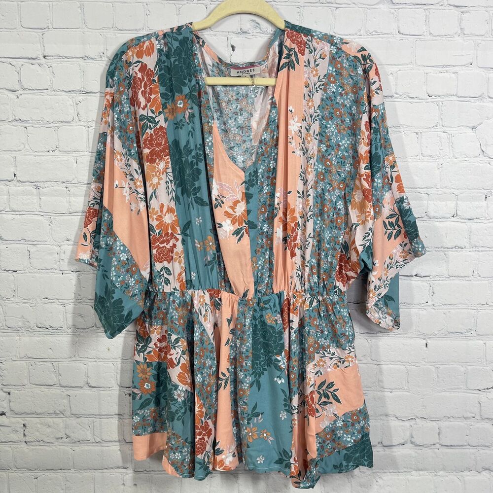 Andre by Unit Peasant Tunic Womens Large Floral Patchwork Multicolor Boho Kimono
